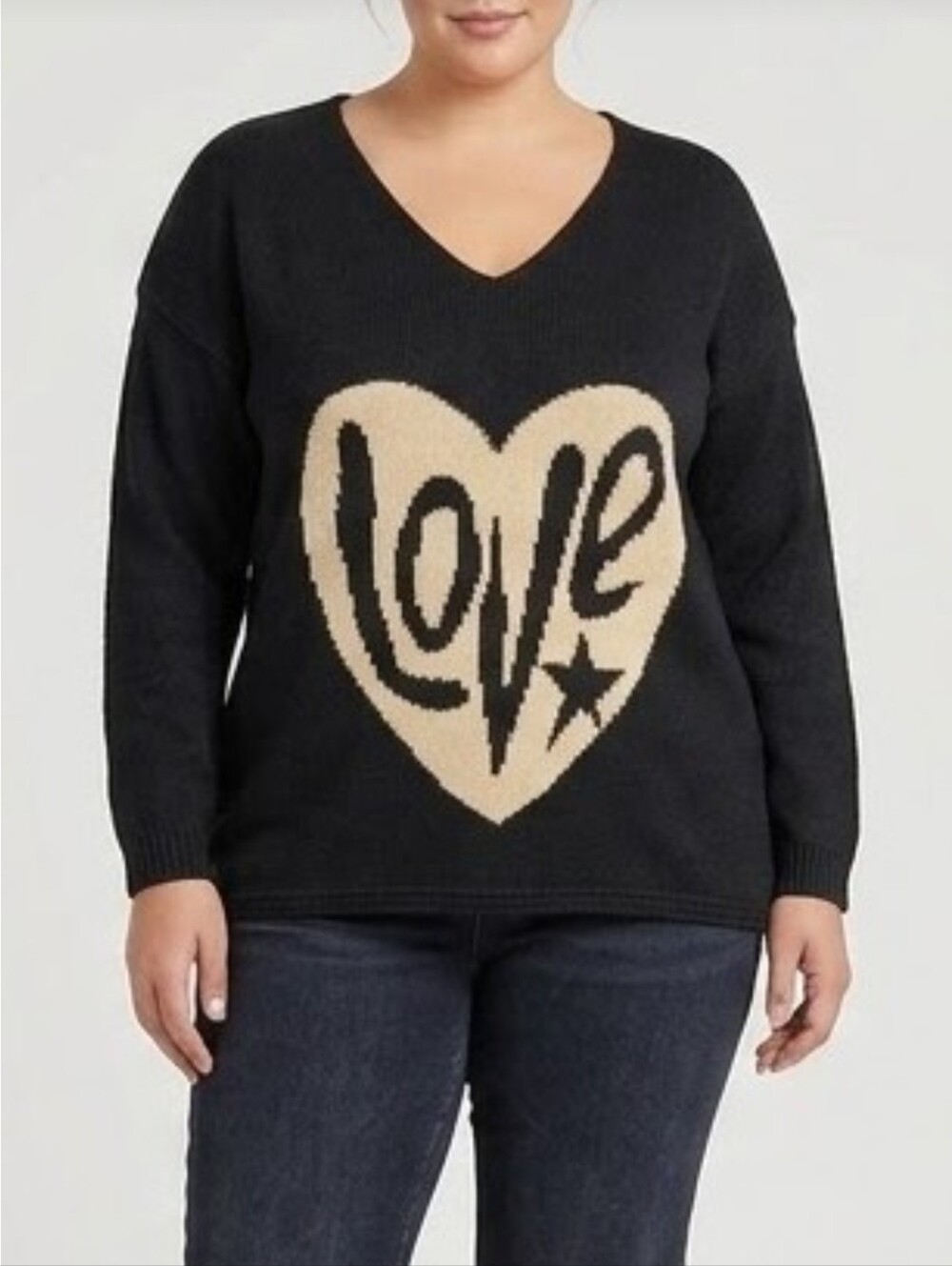 NWT Black Graphic Heart "Love" V-Neck Knit Oversized Tunic Sweater Size 1XL